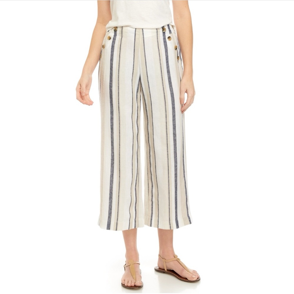 New Directions Striped Linen Pants Size Medium Cream and Gray Cropped Wide Leg